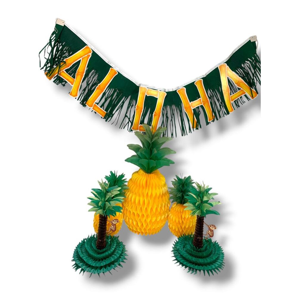Vintage Set of Luau Decorations Beistle Honeycomb Palm Tree Pineapples Aloha